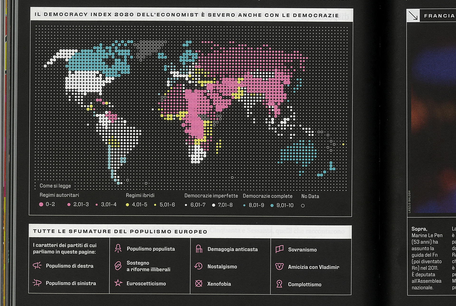 Focus on a infographic from the Linkiesta magazine with a map of the world